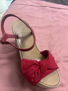 Valentino Garavani Red Suede Knotted Espadrille Sandals with Ankle Strap